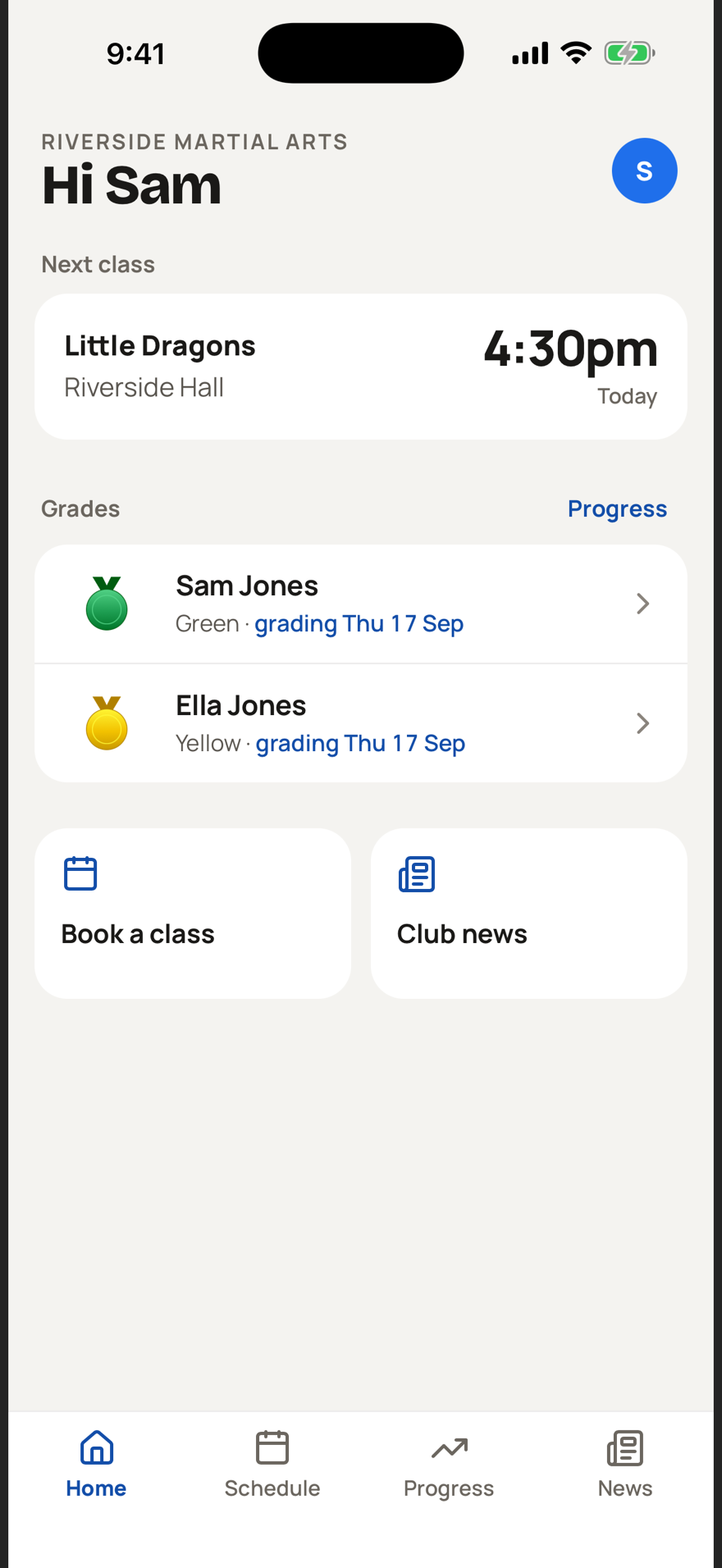 The ClubHQ home screen: the next class, and each child's current belt with their next grading date.