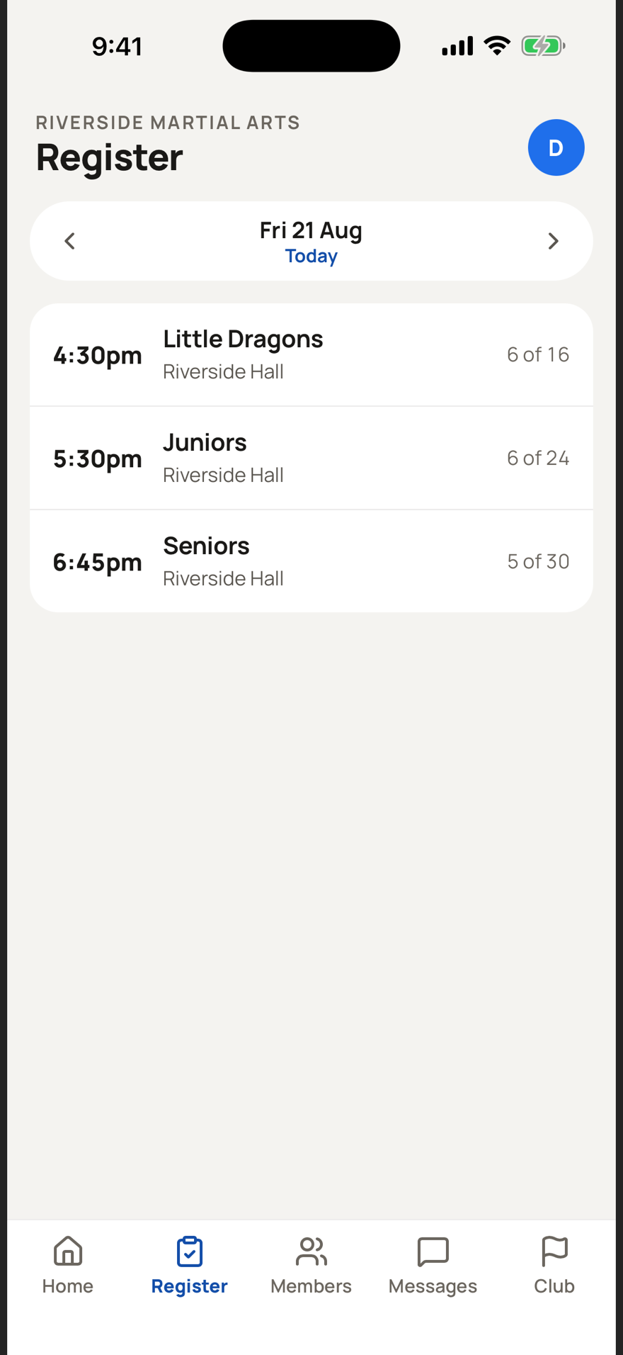 The door register for the day, showing each class and how many members are booked in.