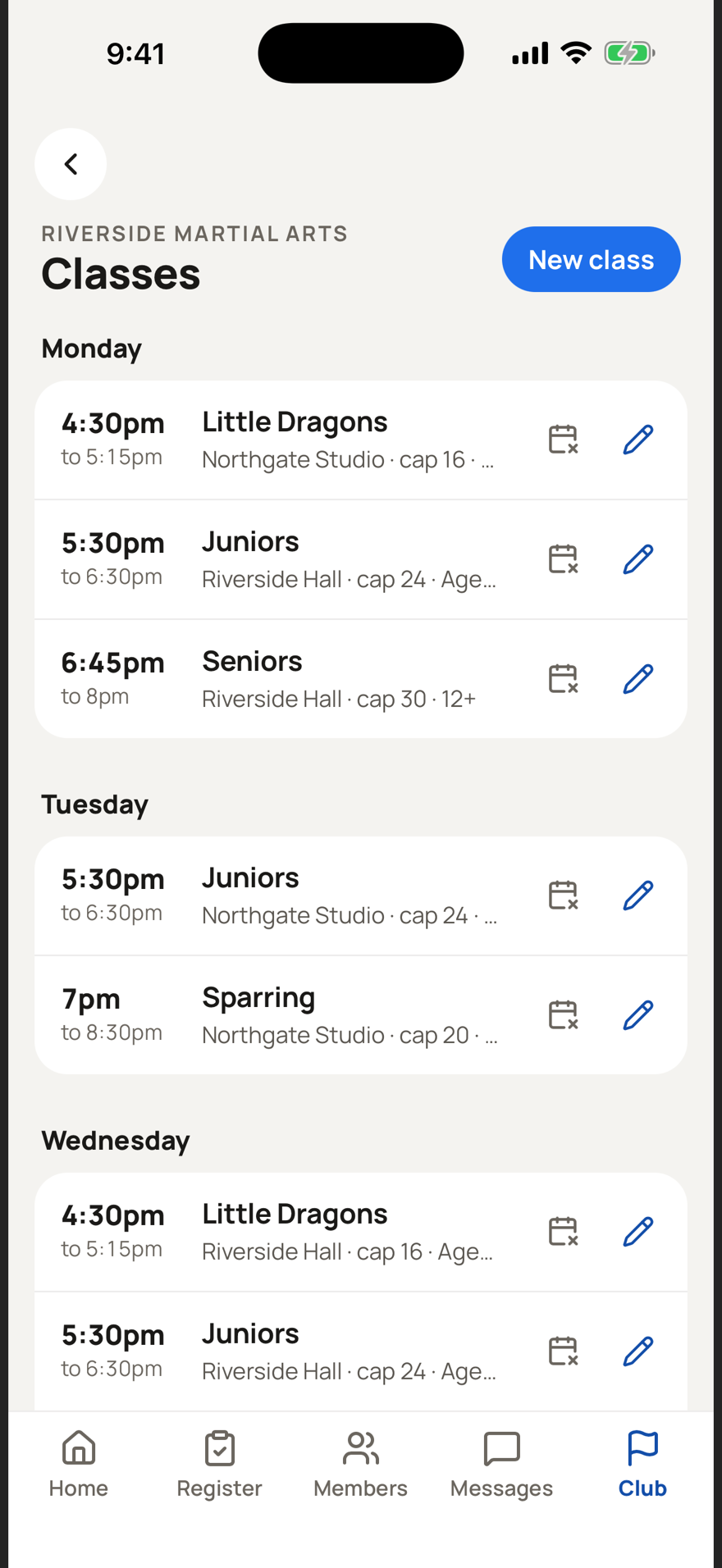 The weekly timetable by day, each class with its venue, capacity and age range.