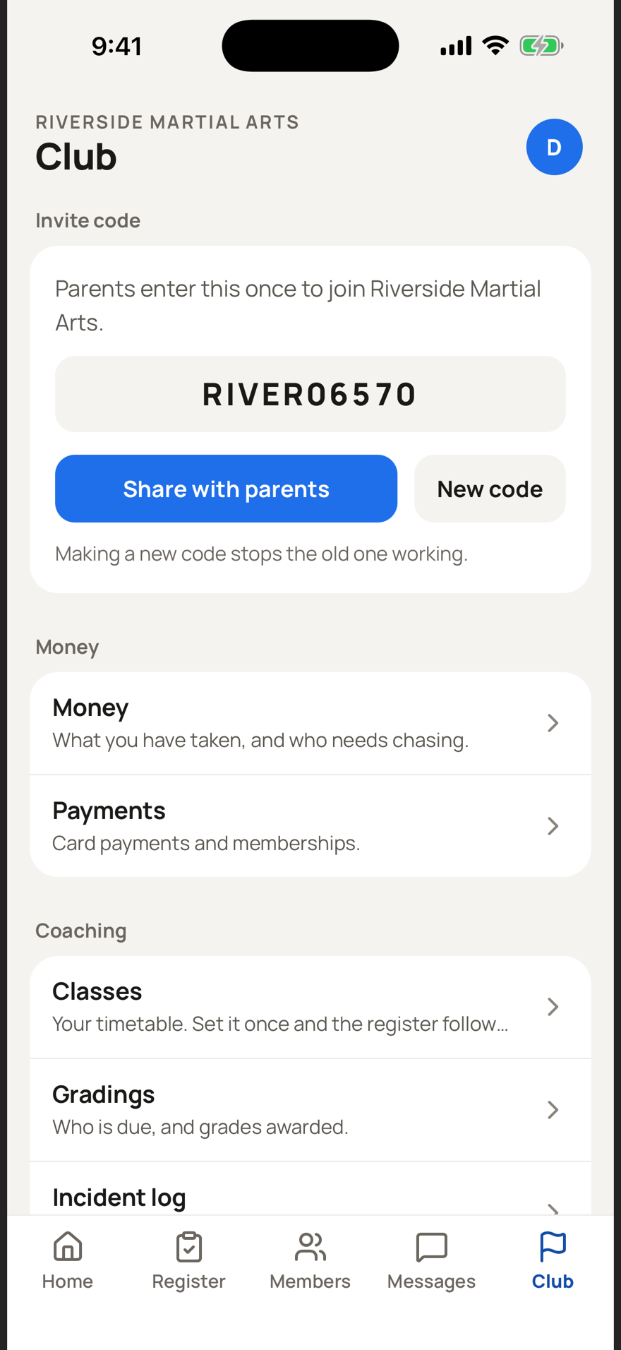 The club settings hub: the invite code parents use to join, plus money, gradings, the incident log and automatic messages.